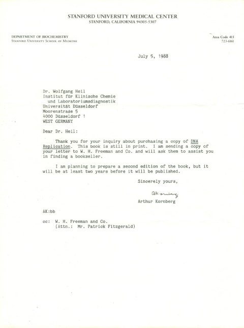 Arthur Kornberg Signed Letter